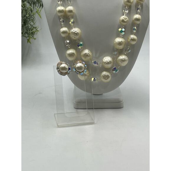 Vintage Off White Bumpy Faux Pearl and AB Rhinestone Earring and Necklace Set - Picture 2 of 9